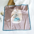 Lavender square silk scarf with cute rabbit illustration and striped border - 53cm / Grey Rabbit Blue Edge (33)