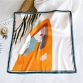 Square silk scarf with modern artistic illustration and tropical leaves on white base - 53cm / Morning Exercise Girl (16)