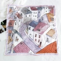 Pink square silk scarf featuring a hand-painted European town architectural illustration - 10 Town Scenery