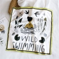 Silk square scarf with artistic wild swimming print and green border on white fabric - 53cm / Wild Swimming (5)