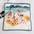 Silk square scarf with summer beach picnic illustration and deep teal border - 25 Seaside Picnic