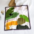 Tropical square silk scarf with green palm leaves and orange patterns on pink base - 53cm / Listen to Nature (9)