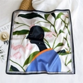 Artistic square silk scarf with floral and abstract portrait print in blue and pink - 53cm / Black Girl (25)
