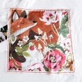 Square silk scarf with orange fox and pink floral illustration on a white background - 38 Floral Fox