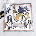 Silk-feel square scarf with artistic cat and dog illustrations and a grey-blue border - 53cm / Graffiti Animals (38X)