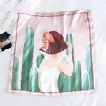 Square silk scarf with pink lady and cactus illustration on a soft white background - 5 Cactus Girl