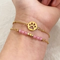 French vintage style two-piece gold bracelet set with pink opal beads and paw pendant - Pink