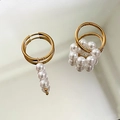 Vintage gold geometric hoop earrings with elegant pearl cluster drops and sleek finish - Asymmetric Pearl Earrings (YM-EH132)