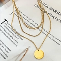 Three-layer gold stainless steel necklace with paperclip chain, rope chain and round pendant - Triple Layer Circle Style / Gold