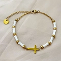Elegantes Perlenarmband aus Titanstahl mit weißen Bambusrohren und goldenem Kreuz - Bambus Gelenk Kreuz Armband