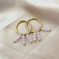 Gold-plated hoop earrings with three vertical light pink faceted bead drops - Pink