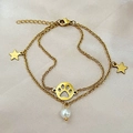 Pulsera bohemia de doble capa en acero inoxidable dorado con estrella y perla blanca - Estilo de Doble Capa de Huella y Perla
