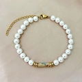 Pulsera minimalista de perlas con detalle de piedra mármol y cierre de langosta - Estilo de Piedra Mixta Azul y Canela