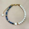 Bohemian stainless steel beaded bracelet with blue stones, pearls and a star charm - Blue