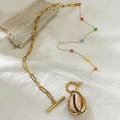 Bohemian gold paperclip chain necklace with colorful beads and shell pendant on white linen - Shell Cat Eye Stone Necklace