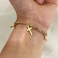 Pulsera de doble capa de acero al titanio dorado con cuentas de colores y colgantes cruz - Estilo de Colgante de Cruz
