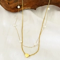 Elegant gold-plated double-layered necklace featuring a heart pendant and delicate pearls - Double Layer Heart Pearl Necklace