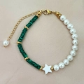 Handmade beaded bracelet with green malachite squares, white pearls, and a gold star charm - Green