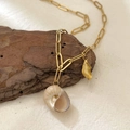 Golden paperclip chain necklace with a natural shell and textured peanut-shaped charm - Conch Shell Double Pendant Necklace