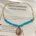 Collier multi-rangs bohème avec pierres turquoise et pendentif coquillage violet doré - Style Coquillage