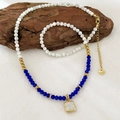 Natural stone beaded necklace with a gold square crystal pendant and lobster clasp - Square Diamond Necklace