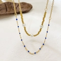 Double-layered gold titanium steel necklace with white pearls and blue beads accents - Double Layer Pearl Dripping Oil Necklace