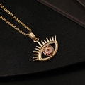 Collar con colgante de Ojo de la Suerte dorado y circonitas rojas sobre cuero negro - Mal de Ojo Pestañas Pupila Roja (J)