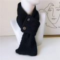 Black knit scarf with button closure and herringbone texture on a white neck model - Black