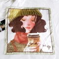 Silk square scarf with hand-painted coffee illustration and olive green border finish - 30 Milk Tea Girl