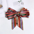 Detail view of 100% polyester satin narrow scarf with colorful vibrant stripes pattern - Rainbow Stripes