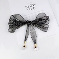 Elegante foulard per capelli in organza a righe bianche e nere con cristalli - Fiocco Nero a Nastro Lungo / Nero a Strisce