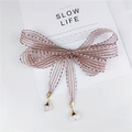 Elegant pink striped organza ribbon bow accessory with crystal charms and gold finish - Pink Bow Long Streamer / Striped Pink