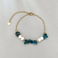 Bohemian gold stainless steel bracelet with white pearls and turquoise gravel accents - Teal Green Stone Pearl Style(YM-SL159-1)