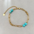 Boho-Armband aus Gold-Edelstahl mit Türkis-Perlen und Gliederkette für Damen - Goldblau