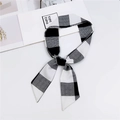 Classic black and white checkered skinny silk scarf used as a stylish hair tie band - 5x90cm / Cotton Linen Texture Large Plaid Black White