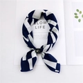 Elegant navy blue and white geometric cotton linen square scarf with black leather buckle - Geometric Blue