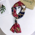 Slim silk-feel scarf in burgundy and navy with vintage gold chain and stirrup pattern - 11 Navy Keychain