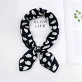 Elegant black and white floral print silk neck scarf with leather buckle ring accessory - Petal Black