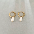 Minimalist gold hoop earrings featuring geometric natural white stone pendants for women - White