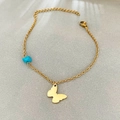 Pulsera de mariposa dorada con piedra turquesa azul claro y cadena de eslabones - Estilo Mariposa
