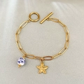 Gold stainless steel paperclip bracelet with blue ceramic bead and starfish charm - Ceramic Starfish OT Bracelet