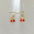 Elegant gold-tone cherry drop earrings with sparkling red rhinestone crystals - Red