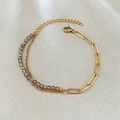 Pulsera asimétrica de acero inoxidable bañada en oro 18k con piedras grises y eslabones - Estilo de Empalme de Gris Luz de Luna Dorado (02-Moonlight Grey Gold 16+5cm)