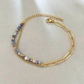 Pulsera de acero inoxidable bañada en oro de 18k con cuentas de mármol azul y eslabones - Estilo de Empalme de Punto Azul Dorado (02-Blue Point Gold 16+5cm)
