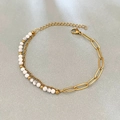 Pulsera de acero inoxidable chapada en oro con cuentas de mármol blanco y cadena clip - Estilo de Empalme de Turquesa Blanca Dorada (02-White Turquoise Gold 16+5cm)