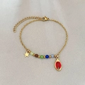 Bracciale dorato in acciaio inossidabile con perle colorate occhio di gatto e ciondoli - Rosso