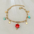 Bracciale a catena dorata con ciondoli a stella marina e perla a conchiglia rossa - Rosso