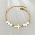 Gold stainless steel bracelet featuring six white pearls and a central horizontal cross - Pearl & Cross Style (Style 2)