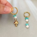 Gouden paddenstoel oorringen met turquoise splitstenen en witte parels variant - Witte Paddestoel Stijl