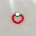 Elastic beaded ring featuring red multifaceted beads and a white cat-shaped center charm - Ring / Red/Dark Grey Cat Ring